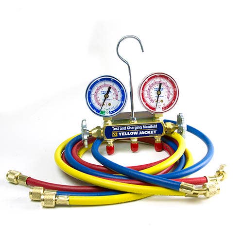 Yellow Jacket 41715 2-Valve Series 41 Test/Charging Manifold, (kg/cm2/psi °F/°C) R32/410A Refrigerants, 2-1/2" Gauges (60" PLUS II Hoses)