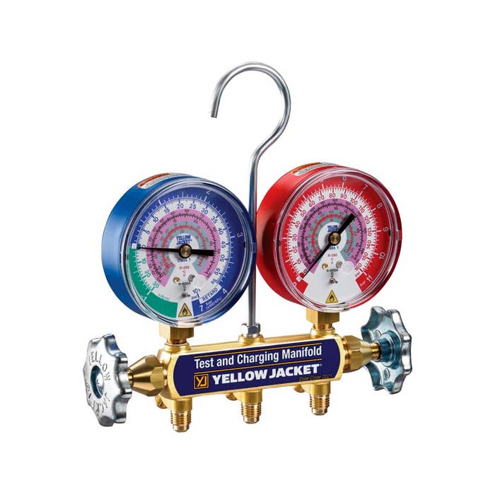 Yellow Jacket 41867 2-Valve Series 41 Test/Charging Manifold, (bar/psi °F/°C) R290/600A Refrigerants, 3-1/8" Gauges (No Hoses)