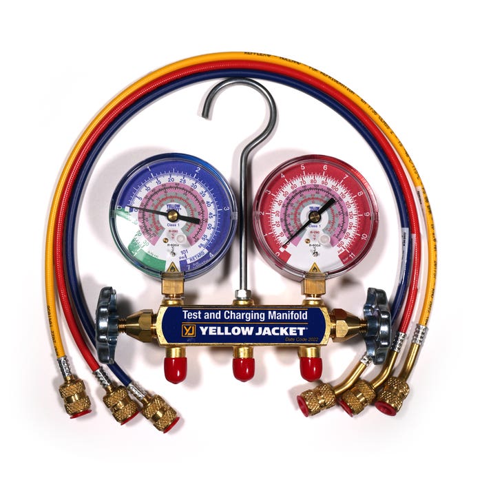 Yellow Jacket 41868 2-Valve Series 41 Test/Charging Manifold, (bar/psi °F/°C) R290/600A Refrigerants, 3-1/8" Gauge (24" R/Y/B REFFLEX Hoses)
