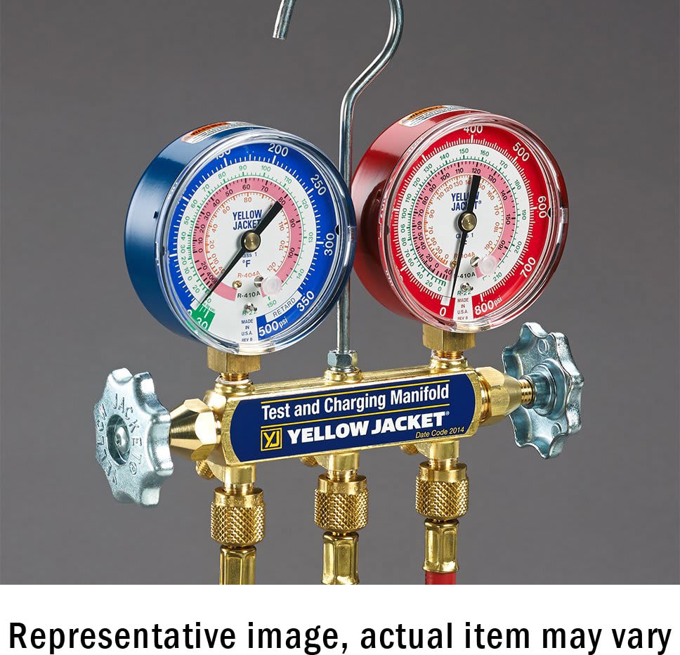 Yellow Jacket 42024 2-Valve Series 41 Test/Charging Manifold, (bar/psi °F/°C) R32/410A Refrigerants, 3-1/8" Gauges (60" PLUS II Hoses)