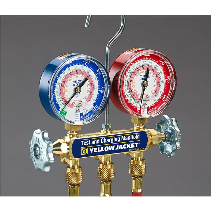 Yellow Jacket 42036 2-Valve Series 41 A2L Manifold, (psi °F) R32/454B/410A Refrigerants, 3-1/8" Gauges (60" PLUS II R/Y/B Hoses)
