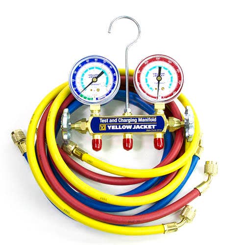 Yellow Jacket 43315 2-Valve Series 41 Test/Charging Manifold, (psi °F) R134a/404A/507 Refrigerants, 2-1/2" Gauges (60" PLUS II Hoses)