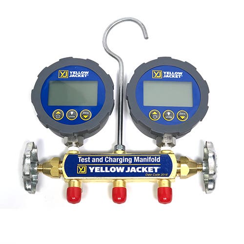 Yellow Jacket 46060 2-Valve Series 41 Digital Manifold, (psi/bar/MPa/kg/cm2/kPa °F/°C), 3-1/8" LCD Gauges (No Hoses)