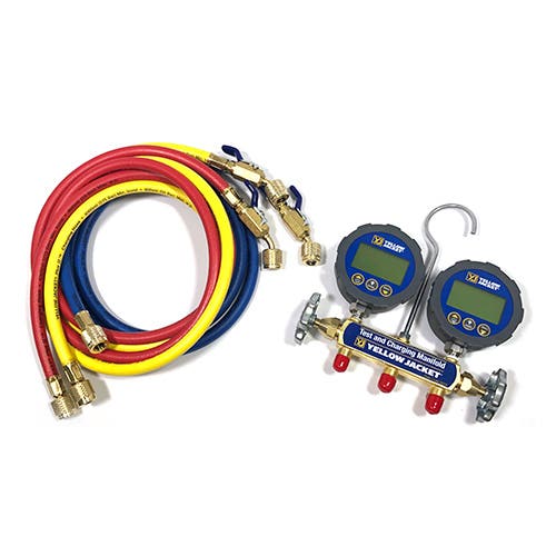 Yellow Jacket 46062 2-Valve Series 41 Digital Manifold, (psi/bar/MPa/kg/cm2/kPa °F/°C), 3-1/8" LCD Gauges (60" PLUS II R/Y/B Ball Valve Hoses)
