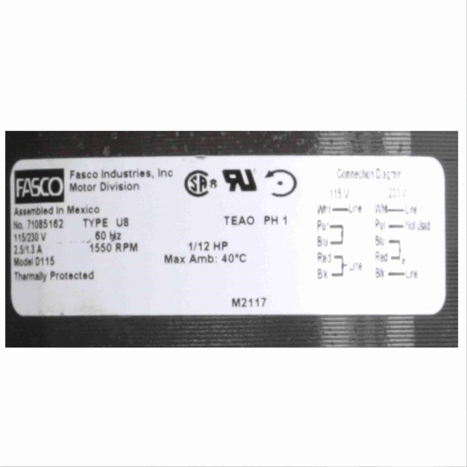 Fasco OEM Replacement Motor, 1/12 HP, 1 Ph, 60 Hz, 115/230 V, 1550 RPM, 1 Speed, 4.4" Diameter, TEAO - D115