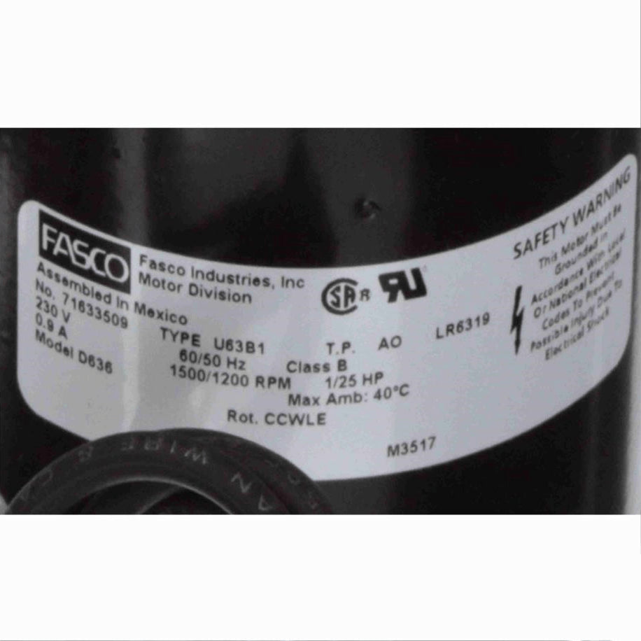 Fasco OEM Replacement Motor, 1/25 HP, 1 Ph, 60 Hz, 230 V, 1500/1200 RPM, 1 Speed, 3.3" Diameter, OAO - D636