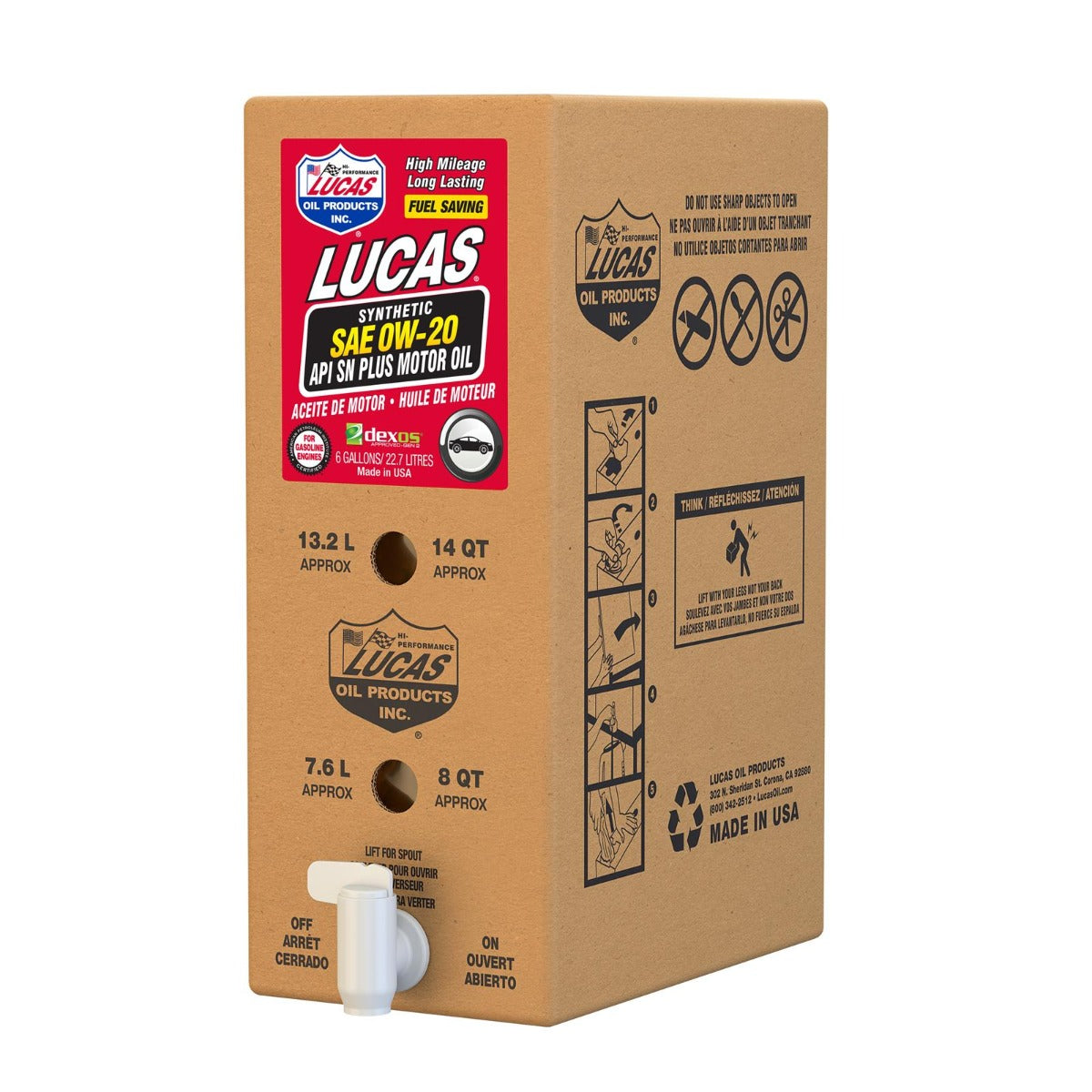 Lucas Oil 18003 Synthetic SAE 0W-20 API SN Plus/Dexos Motor Oil/6 Gallon Box
