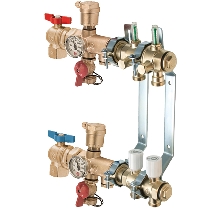 Legend Valves 8000AP-10-2 1" Modular Brass Manifold Angle Pro Kit; Includes all required pieces for a 2-Port Modular Manifold with Precision Adapters, and Red & Blue Angle Isolation Valves