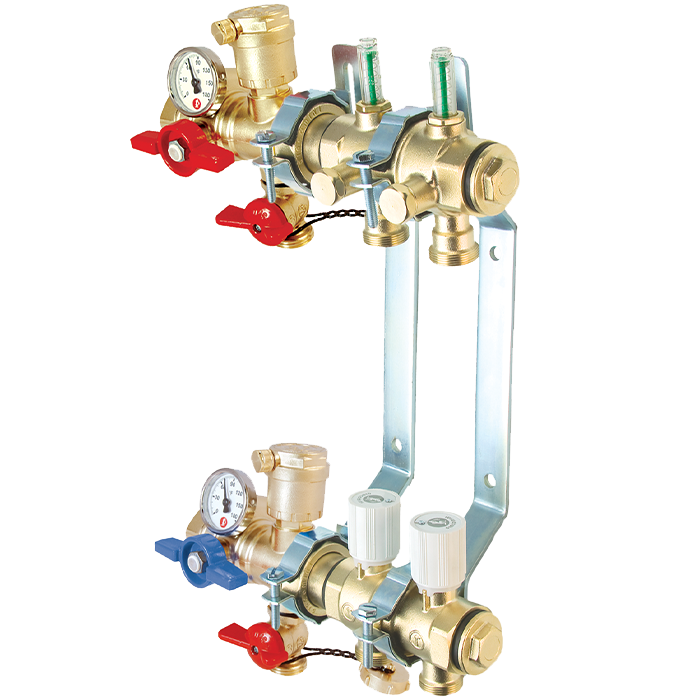 Legend Valves 8000P-14-2 1-1/4" Modular Brass Manifold Pro Kit; Includes all required pieces for a 2-Port Modular Manifold with Red & Blue Integrated Adapter Valves