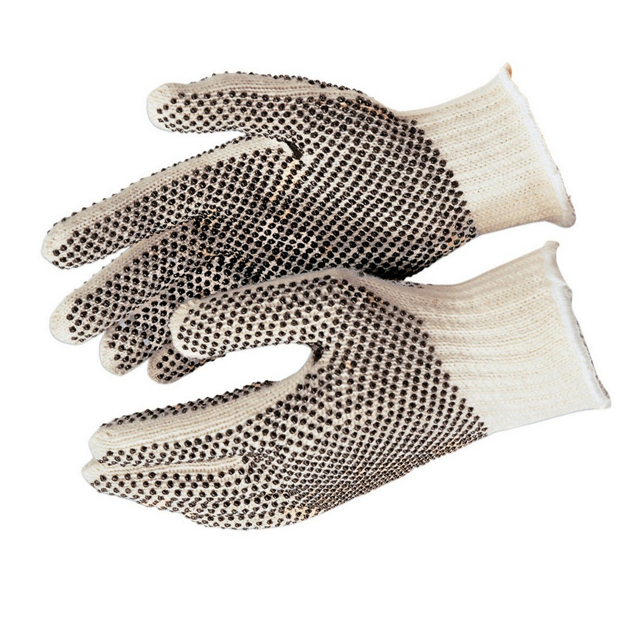 MCR Safety 9660S Cotton String Knit Work Gloves 7 Gauge Regular Weight String Knit White Cotton Polyester Blend Black PVC Fingertips and Dots Two Sides (1 DZ)