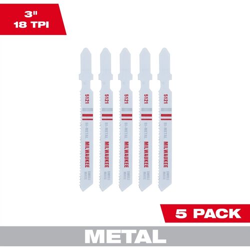 Milwaukee Tool 48-42-5121 3" 18TPI T-Shank Metal Cutting Bi-Metal Jig Saw Blades, 5 EA/PKG