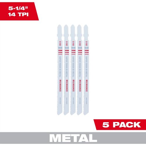 Milwaukee Tool 48-42-5192 5-1/4" 14TPI T-Shank Metal Cutting Bi-Metal Jig Saw Blades, 5 EA/PKG