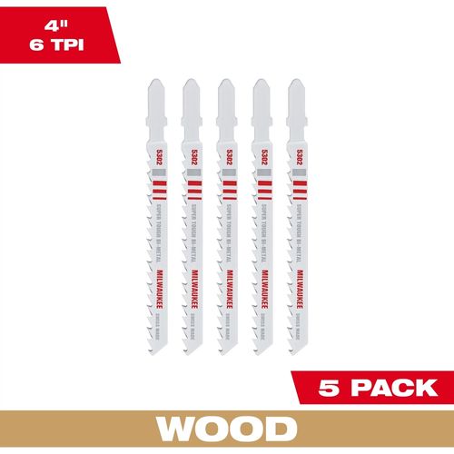 Milwaukee Tool 48-42-5302 4" 6TPI T-Shank Wood Bi-Metal Jig Saw Blade, 5 EA/PKG