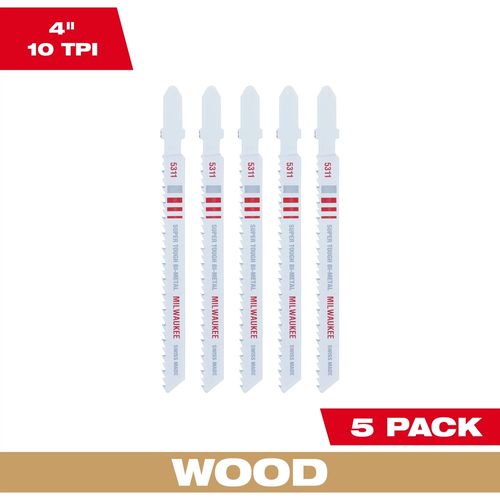 Milwaukee Tool 48-42-5311 4" 10TPI T-Shank Wood Bi-Metal Jig Saw Blade, 5 EA/PKG
