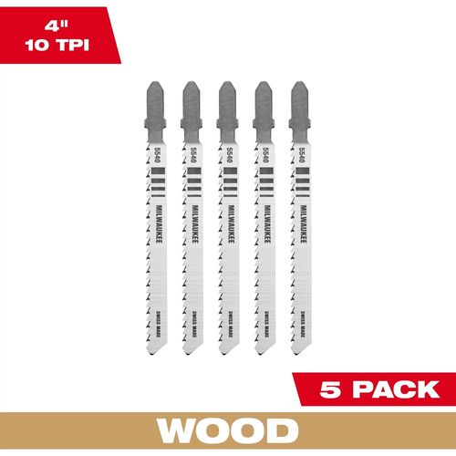 Milwaukee Tool 48-42-5540 4" 10TPI T-Shank Wood High Carbon Steel Jig Saw Blades, 5 EA/PKG