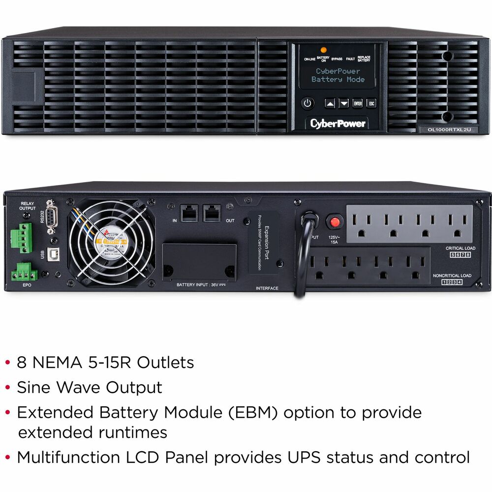 CyberPower Smart App Online OL1000RTXL2U 1000VA 100-125V Pure Sine Wave LCD Rack/Tower UPS - 1kVA 6Minute Full Load - 8 x NEMA 5-15R