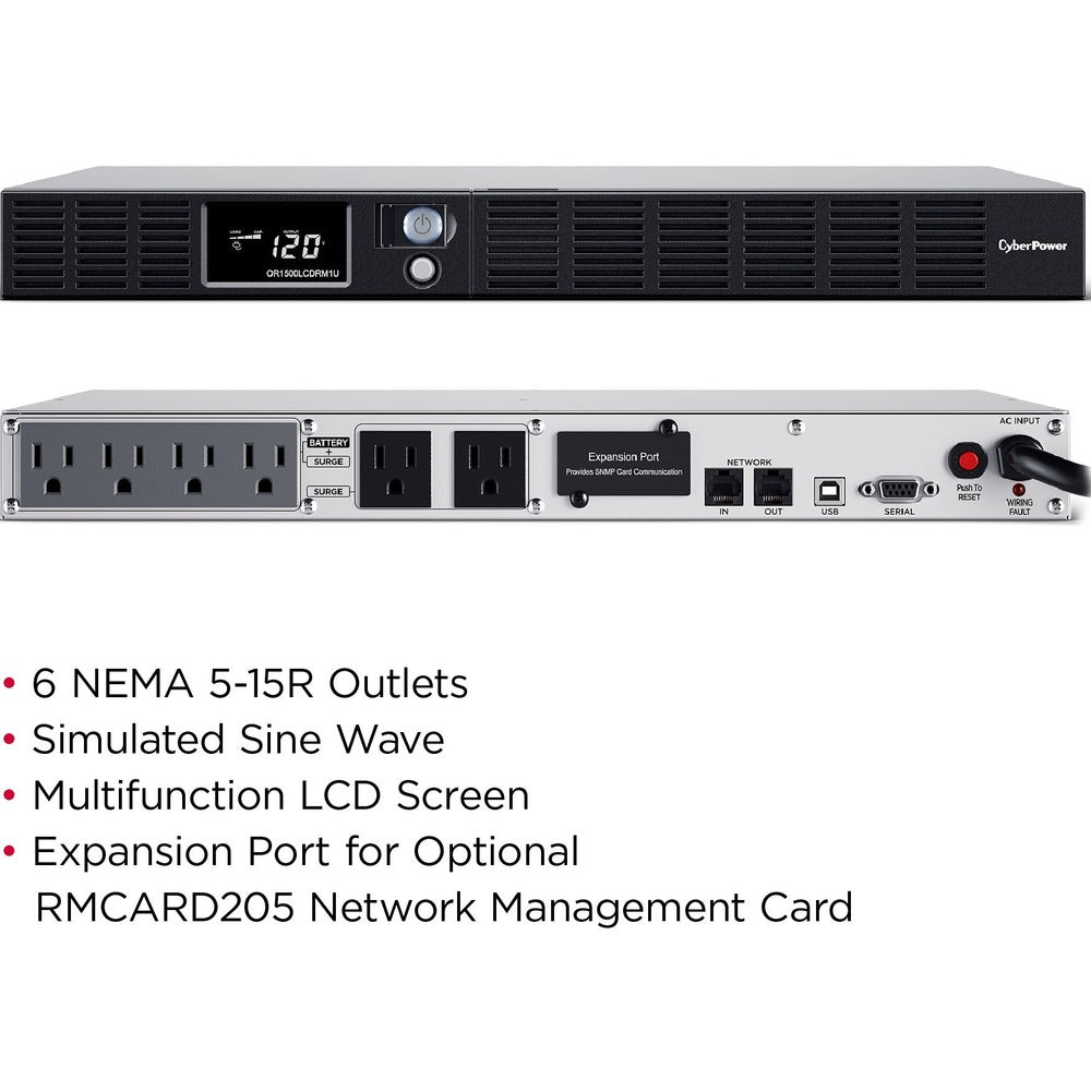 CyberPower Smart App Intelligent LCD OR1500LCDRM1U 1500VA UPS - 1500VA/900W - 2 Minute Full Load - 4 x NEMA 5-15R - Battery/Surge-protected, 2 x NEMA 5-15R - Surge-protected