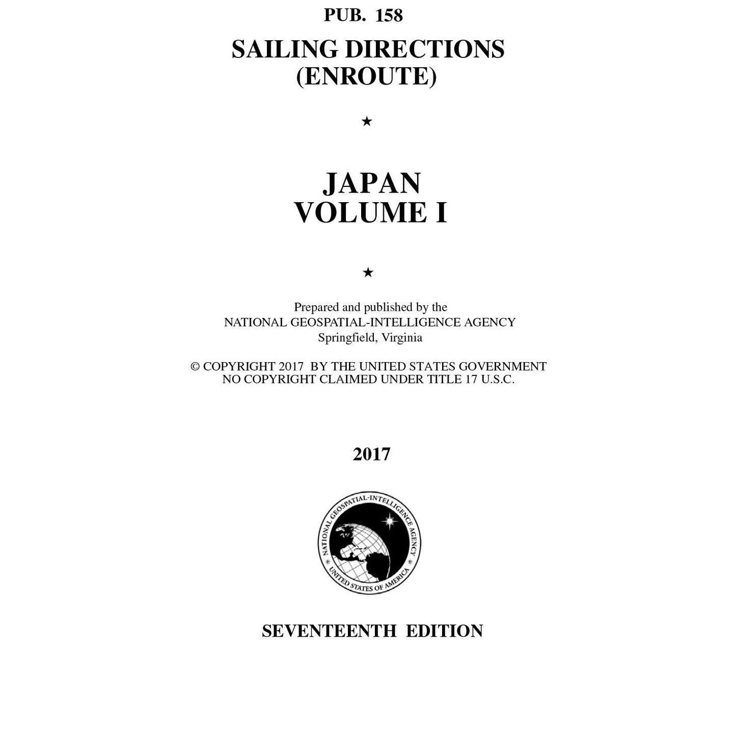 Paradise Clay IHP_PUB158 PUB 158 Sailing Directions Enroute: Japan Vol 1 (CURRENT EDITION) - Book