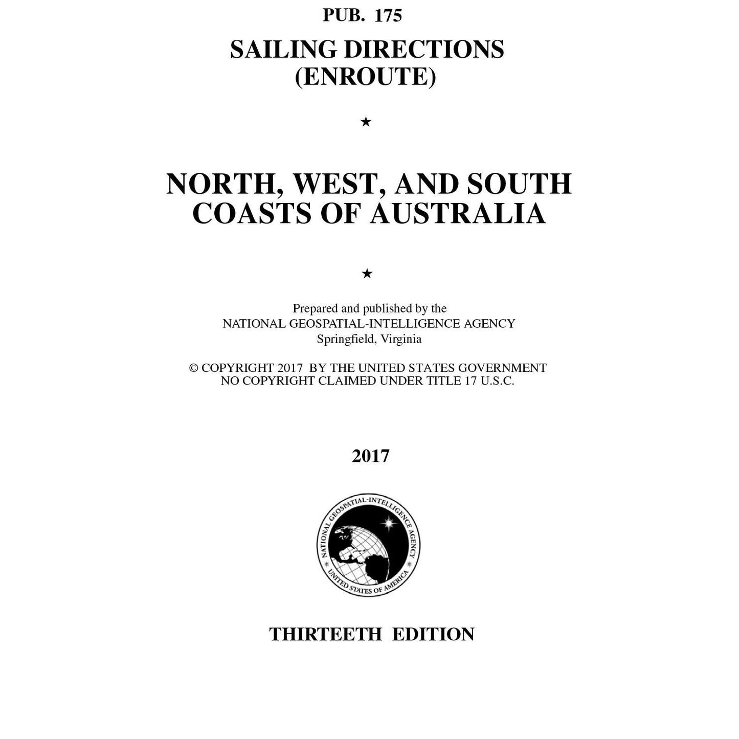 Paradise Clay IHP_PUB175 PUB 175 Sailing Directions Enroute: North, West, and South Coasts of Australia (CURRENT EDITION) - Book