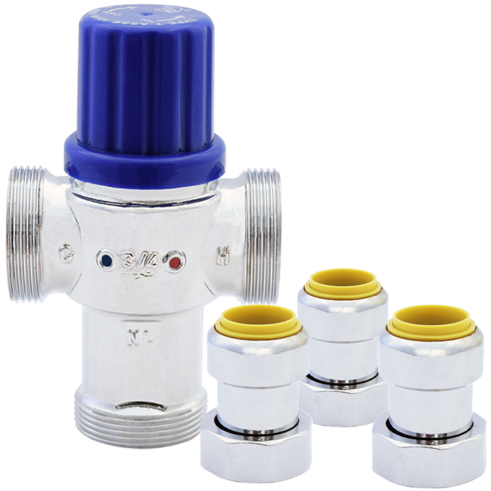 Legend Valves 115-253NLPF 1/2" Chrome Plated No Lead Forged Brass Potable Water Thermostatic Mixing Valve with Insta-Loc II Connectors & Union Nuts