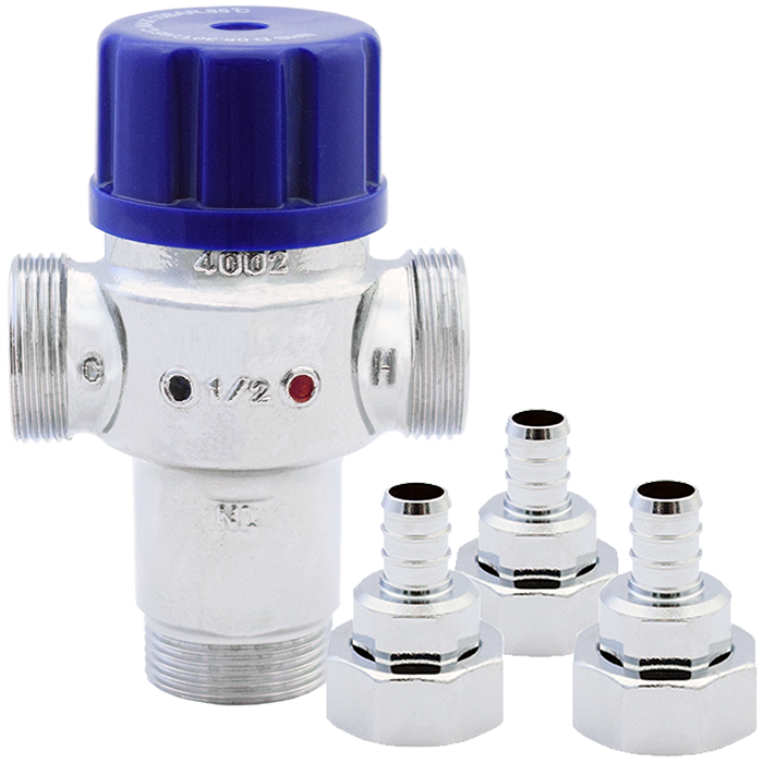 Legend Valves 115-272NLX 3/8" Chrome Plated No Lead Forged Brass Radiant Thermostatic Mixing Valve with Crimp/Cinch PEX Connectors & Union Nuts