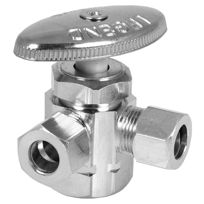 Legend Valves 114-413NL 1/2" x 3/8" x 1/2" No Lead Chrome-Plated Forged Brass Multi-Turn FNPT x OD x OD Dual Outlet Angle Stop Valve