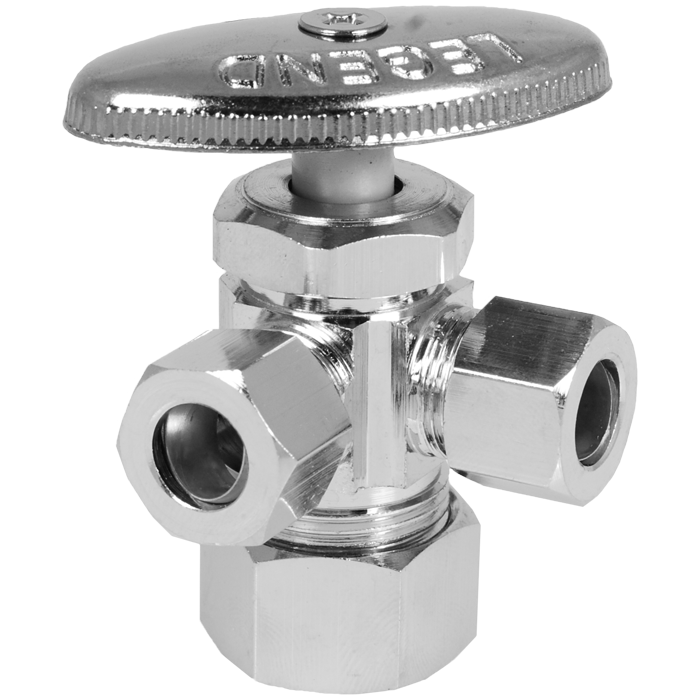 Legend Valves 114-424NL 5/8" x 3/8" x 1/4" No Lead Chrome-Plated Forged Brass Multi-Turn OD x OD x OD Dual Outlet Angle Stop Valve