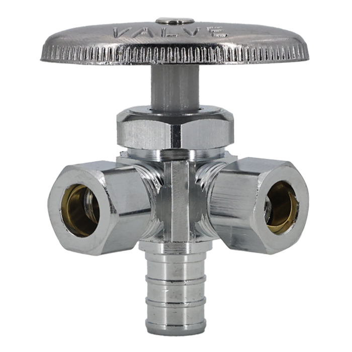Legend Valves 114-406NL 1/2" x 3/8" x 3/8" No Lead Chrome-Plated Forged Brass Multi-Turn Crimp/Cinch PEX x OD x OD Dual Outlet Crimp/Cinch PEX Angle Stop Valve