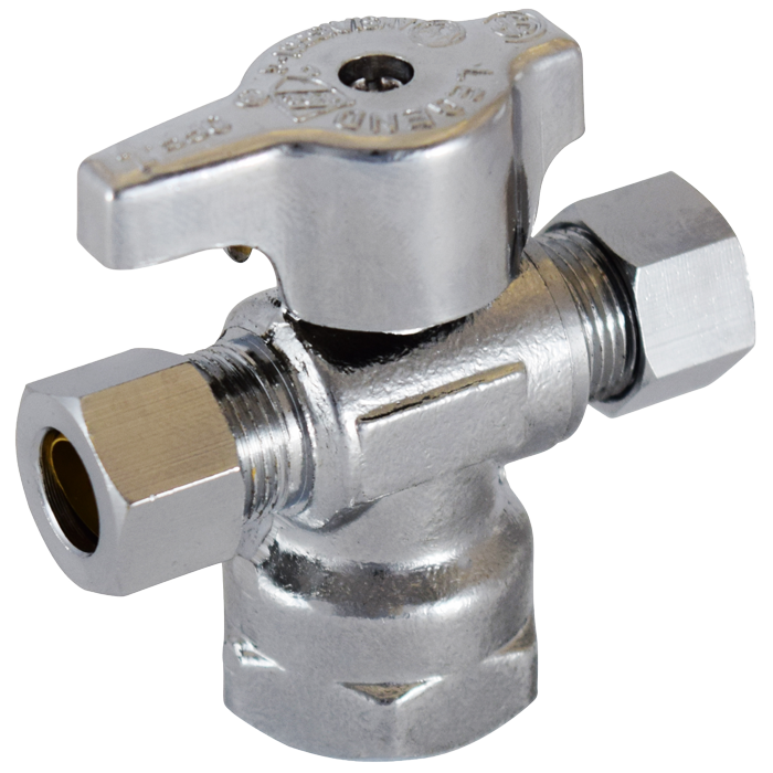 Legend Valves 114-803NL 1/2" x 3/8" x 3/8" No Lead Chrome-Plated Forged Brass 1/4-Turn FNPT x OD x OD Dual Outlet Angle Stop Valve