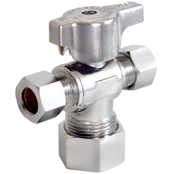 Legend Valves 114-824NL 5/8" x 3/8" x 1/4" No Lead Chrome-Plated Forged Brass 1/4-Turn OD x OD x OD Dual Outlet Angle Stop Valve