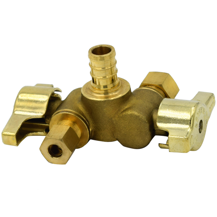 Legend Valves 114-632NL 1/2" x 3/8" x 3/8" No Lead Forged Brass 1/4-Turn F1807 x OD x OD Dual Outlet Dual Shutoff Angle Supply Stop Valve