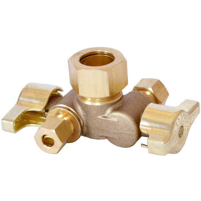 Legend Valves 114-630NL 5/8" x 3/8" x 1/4" No Lead Forged Brass 1/4-Turn OD x OD x OD Dual Outlet Dual Shutoff Angle Supply Stop Valve