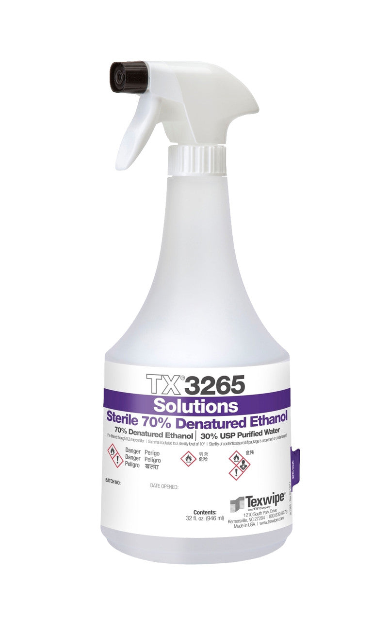 SOS Cleanroom Texwipe TX3265 Sterile 70% Denatured Ethanol Solution (32 oz. Bottle, 12/Case) - Case