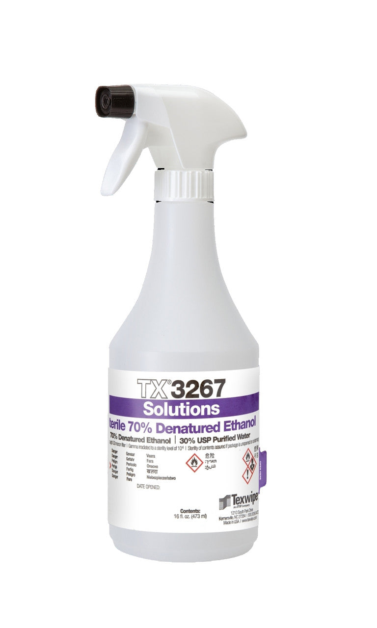 SOS Cleanroom Texwipe TX3267 Sterile 70% Denatured Ethanol Solution (16 oz. Bottle, 12/Case) - Case