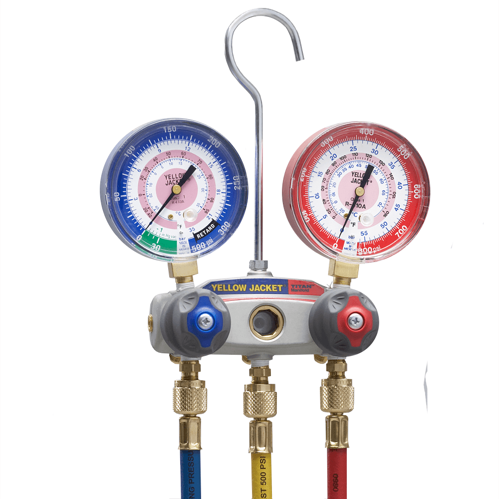 Yellow Jacket 49860 TITAN 4-Valve Test & Charging Manifold Kit, 60" PLUS II Compact Ball Valve R/Y/B Hoses, R/B Gauges, Bar/PSI, R32/R410A, °F/°C