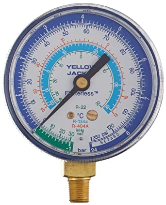 Yellow Jacket 49034 2-1/2" Blue Compound Gauge – Bar/PSI, °C, R22/R134a/R404A HVAC Refrigeration Manifold Gauge