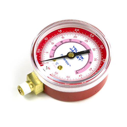 Yellow Jacket 49053 2-1/2" Red Pressure Gauge – Bar/MPa, °F/°C, R410A HVAC Refrigeration Manifold Gauge
