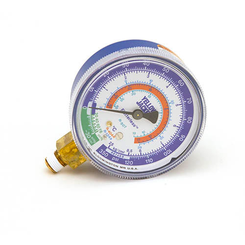 Yellow Jacket 49058 2-1/2" Blue Compound HVAC Gauge, kg/cm²/PSI, R134a/404A/507A, °C, 1/8" NPT Male Replacement Manifold Gauge