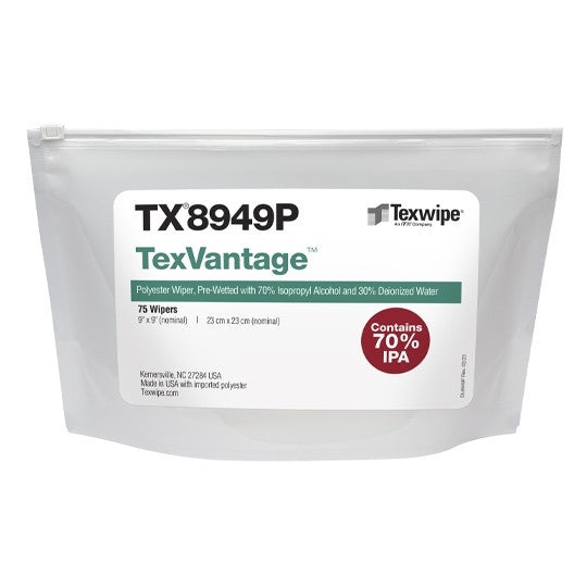SOS Cleanroom Texwipe TX8949P TexVantage 9" x 9" Polyester Cleanroom Wiper Pre-Wetted 70% IPA (Case Qty.) - Case