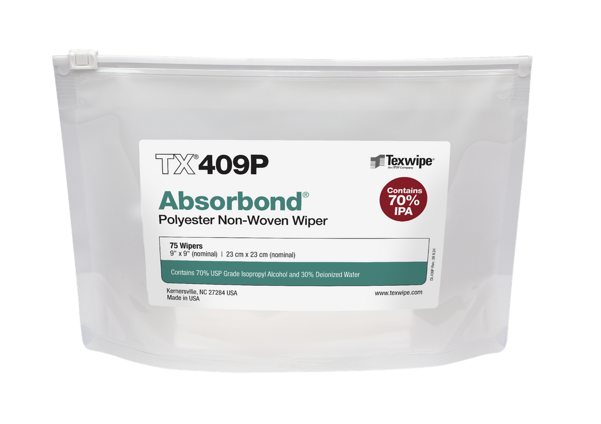 SOS Cleanroom Texwipe TX409P Absorbond 9" x 9" Polyester Cleanroom Wiper Pre-Wetted 70% IPA - Bag