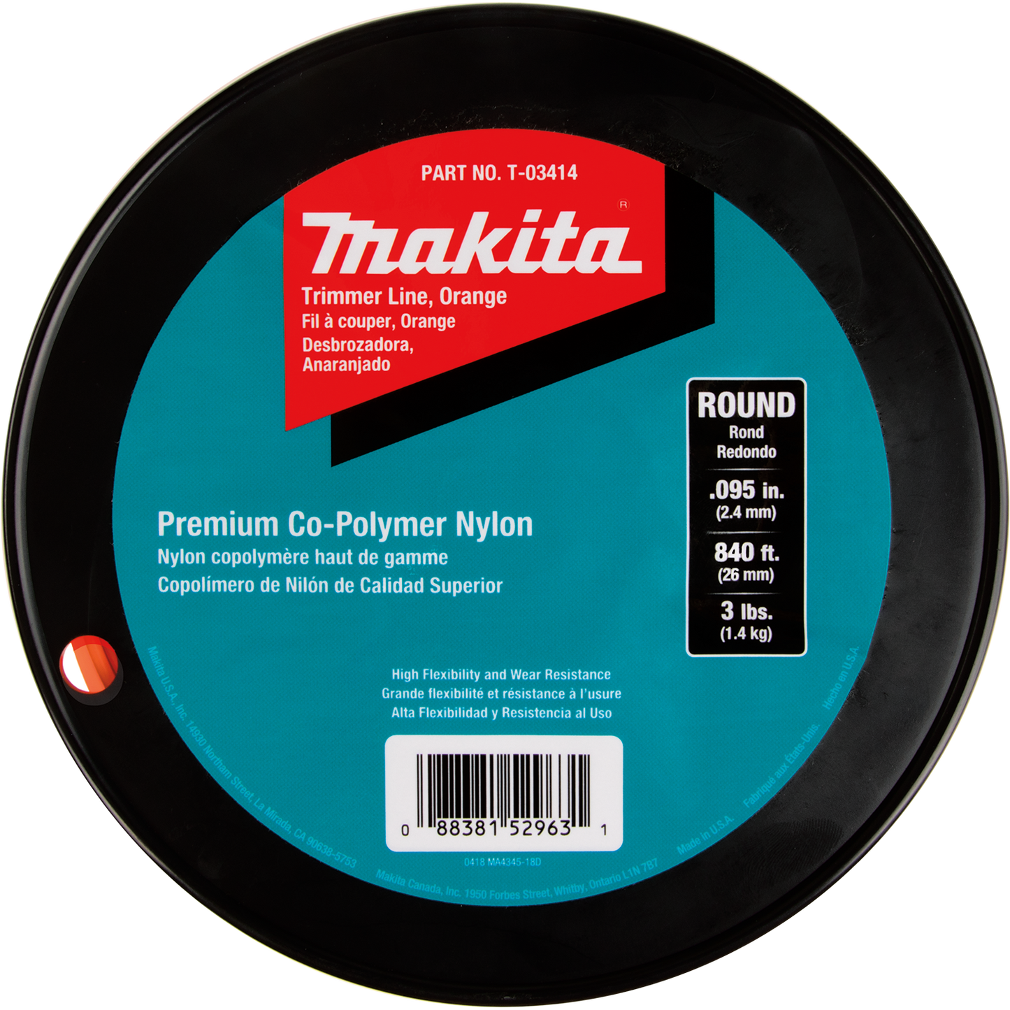 Makita T-03414 Round Trimmer Line, 0.095, Orange, 840™, 3 lbs.