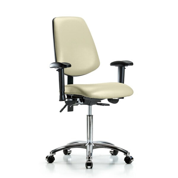 Blue Ridge Ergonomics VMBCH-MB-CR-T1-A1-NF-CC-8501 Rutledge Vinyl Chair Chrome - Medium Bench Height with Medium Back, Seat Tilt, Adjustable Arms, & Casters in Adobe White Trailblazer™ Vinyl