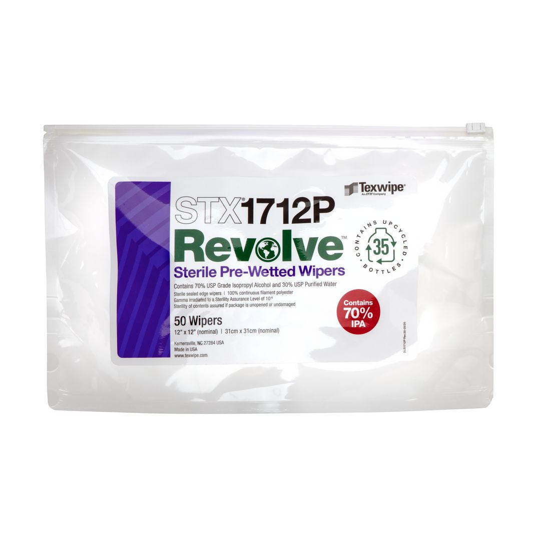 SOS Cleanroom Texwipe STX1712P Sterile Revolve 12" x 12" Upcycled Polyester Cleanroom Wiper Pre-Wetted 70% IPA (Case Qty.) - Case