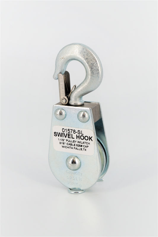 Block Division 01578-SL 1-1/2″ Swivel Hook Pulley Block with Steel Latch, grooved for 3/16″ wire rope