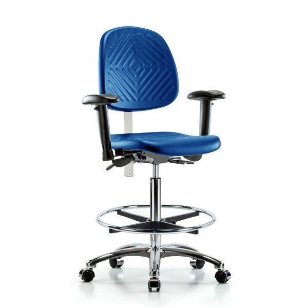 Blue Ridge Ergonomics NCR-PHBCH-MB-CR-T1-A1-CF-CC-BLU Class 100 Polyurethane Clean Room Chair - High Bench Height with Medium Back, Seat Tilt, Adjustable Arms, Chrome Foot Ring, & Casters in Blue Polyurethane