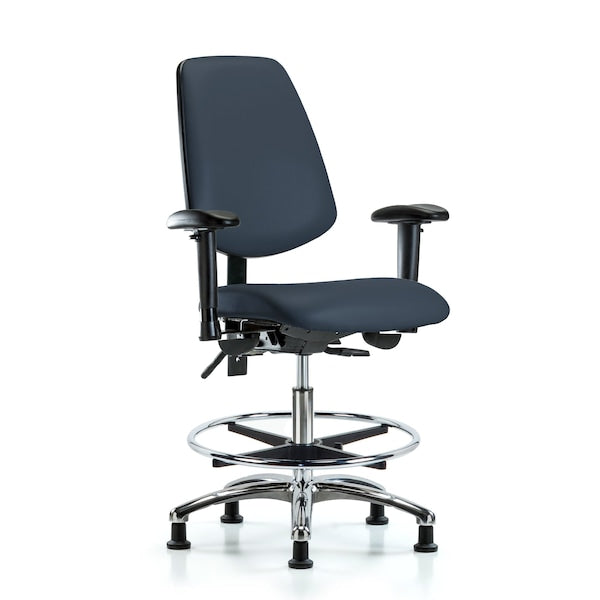 Blue Ridge Ergonomics VMBCH-MB-CR-T1-A1-CF-RG-8582 Rutledge Vinyl Chair Chrome - Medium Bench Height with Medium Back, Seat Tilt, Adjustable Arms, Chrome Foot Ring, & Stationary Glides in Imperial Blue Trailblazer™ Vinyl