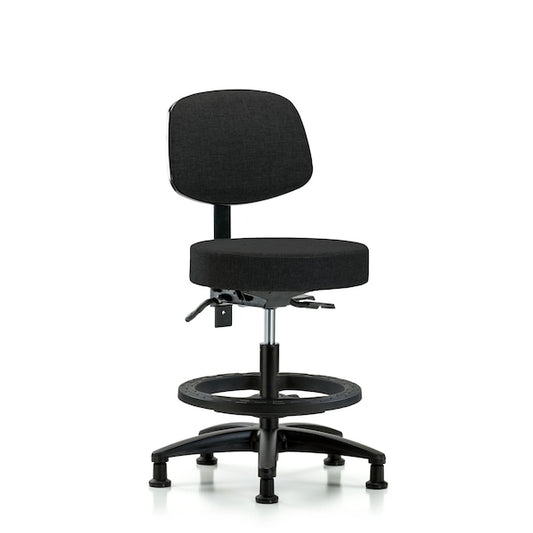 Blue Ridge Ergonomics FMBST-RG-T0-BF-RG-F42 Rutledge Fabric Stool with Back - Medium Bench Height with Black Foot Ring & Stationary Glides in Black Fabric