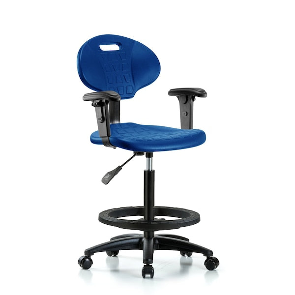 Blue Ridge Ergonomics TPHBCH-RG-A1-BF-RC-BLU Erie Polyurethane Chair - High Bench Height with Black Foot Ring, Adjustable Arms, & Casters in Blue Polyurethane
