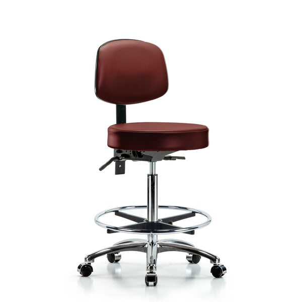 Blue Ridge Ergonomics VHBST-CR-T0-CF-CC-8815 Rutledge Vinyl Stool with Back Chrome - High Bench Height with Chrome Foot Ring & Casters in Borscht Supernova™ Vinyl