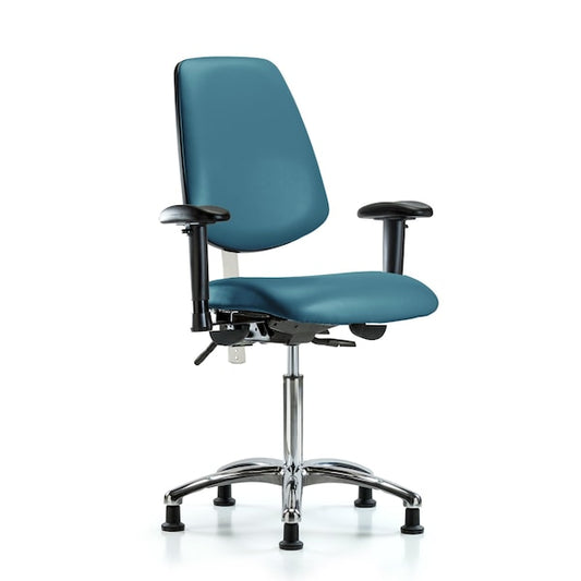Blue Ridge Ergonomics NCR-VMBCH-MB-CR-T0-A1-CF-RG-8801 Class 100 Vinyl Clean Room Chair - Medium Bench Height with Medium Back, Adjustable Arms, Chrome Foot Ring, & Stationary Glides in Marine Blue Supernova™ Vinyl